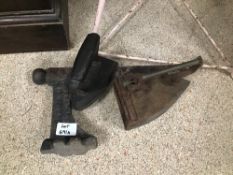 A CAST IRON COLLECTION BOOT SCRAPER AND TWO IRONS