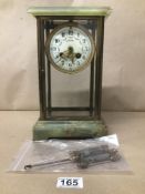 A FRENCH ONYX AND BRASS WESTMINSTER CHIME MANTLE CLOCK WITH ORIGINAL MERCURY PENDULUM, THE ENAMEL