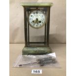 A FRENCH ONYX AND BRASS WESTMINSTER CHIME MANTLE CLOCK WITH ORIGINAL MERCURY PENDULUM, THE ENAMEL