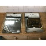 A VINTAGE PAIR OF ETCHED MIRRORS WITH SCALLOPED BRASS MOUNTS 41 X 29CMS