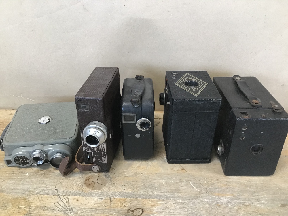 FIVE EARLY CAMERAS, INCLUDING ENSIGN E20, EUMIG C3, PATHE WEBO ETC