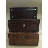 TWO LATE 19TH CENTURY ROSEWOOD JEWELLERY BOXES, ONE WITH MOTHER OF PEARL INLAY, TOGETHER WITH