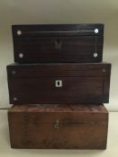 TWO LATE 19TH CENTURY ROSEWOOD JEWELLERY BOXES, ONE WITH MOTHER OF PEARL INLAY, TOGETHER WITH
