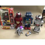 FIVE VINTAGE BATTERY OPERATED ROBOTS, INCLUDING TALKING ROBOT 1031, MAGIC MIKE III '2002' SONIC