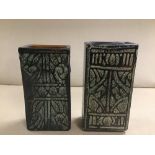 TWO CELTIC POTTERY VASES FROM NEWLYN CORNWALL OF RECTANGULAR FORM, ORIGINAL LABEL TO BASE OF ONE,