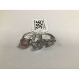 A GROUP OF THREE 925 SILVER LADIES DRESS RINGS WITH LARGE GLASS STONES, 23G