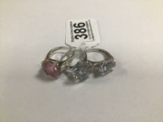 A GROUP OF THREE 925 SILVER LADIES DRESS RINGS WITH LARGE GLASS STONES, 23G