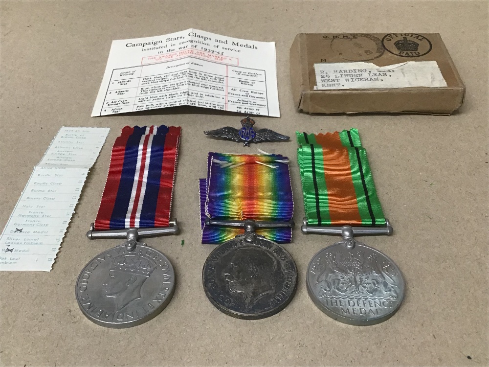 GROUP OF THREE MEDALS, COMPRISING WWI VICTORY MEDAL, WWII DEFENCE MEDAL AND WAR MEDAL, TOGETHER WITH