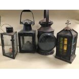 FOUR METAL LAMPS, INCLUDING TWO SIDED SHIPS LANTERN BY ELI GRIFFITH & SONS, 35CM HIGH