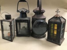 FOUR METAL LAMPS, INCLUDING TWO SIDED SHIPS LANTERN BY ELI GRIFFITH & SONS, 35CM HIGH