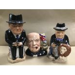 THREE WINSTON CHURCHILL INSPIRED CHARACTER JUGS, ONE BEING ROYAL DOULTONS CHARACTER JUG OF THE