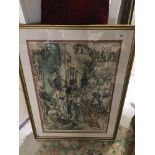 A FRAMED AND GLAZED COLOURED FELIKS TOPOLSKI LITHOGRAPH 77 X 105CMS