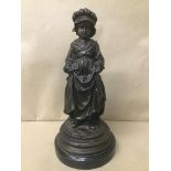 A BRONZE FIGURE DEPICTING A WOMAN WEARING A MOB CAP, INDISTINCTLY SIGNED, RAISED UPON A MARBLE BASE,