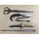 A PAIR OF EARLY FABRIC SCISSORS, 23.5CM LONG, A HORN HANDLED KNIFE BY P SCALA, GRAZI, ANOTHER KNIFE,