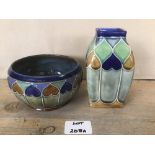 TWO PIECES OF ROYAL DOULTON, ART NOUVEAU PATTERN 7760, COMPRISING A BOWL AND VASE, LARGEST 13CM