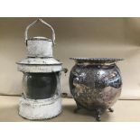 AN EARLY 20TH CENTURY WHITE PAINTED SHIPS LANTERN (AF) TOGETHER WITH A SILVER PLATED VASE OF OVOID