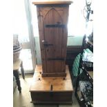 TWO VINTAGE PINE ITEMS INCLUDING COFFEE TABLE WITH STORGE A/F AND A GOTHIC PINE CUPBOARD