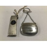 A SMALL SILVER PILL BOX OF RECTANGULAR FORM ON CHAIN, 4CM WIDE, TOGETHER WITH A SILVER MOUNTED CIGAR