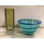 A SOHOLM KUNSTGLAS DANISH ART GLASS BOWL, GREEN AND BLUE IN COLOUR, WITH ORIGINAL LABEL, 16CM