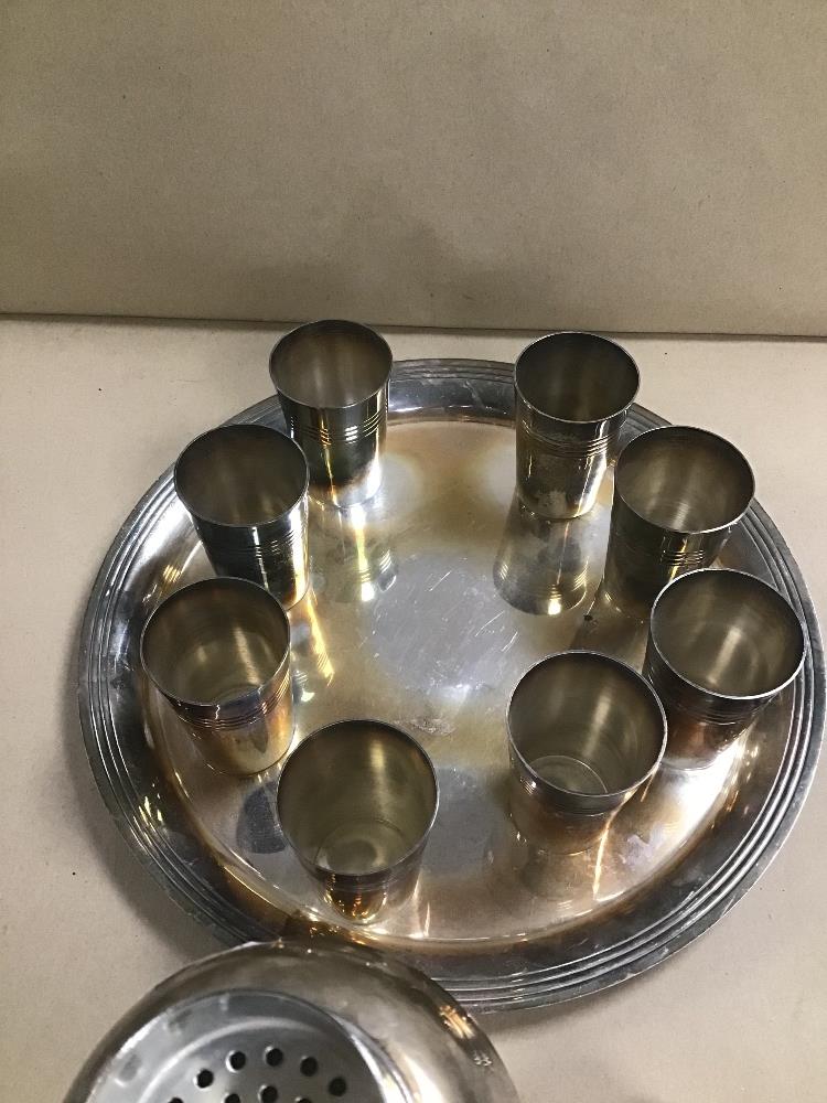 A LANCEL OF PARIS SILVER PLATE COCKTAIL SHAKER WITH MATCHING BEAKERS, ON TRAY - Image 3 of 3