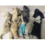 A COLLECTION OF VINTAGE TEDDY BEARS AND SOFT TOYS, INCLUDING AN EARLY PLUTO WITH RUBBED MAKERS MARK