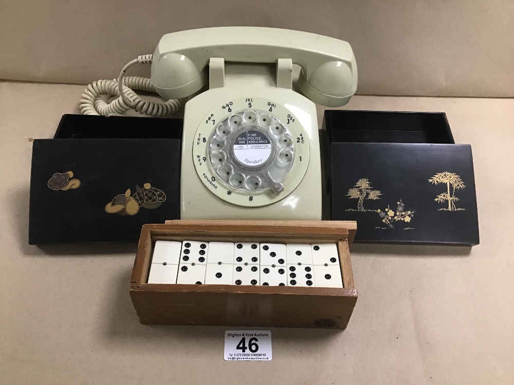 A MID CENTURY TELEPHONE, A SET OF DOMINOES IN CASE AND TWO ORIENTAL LIDDED BOXES