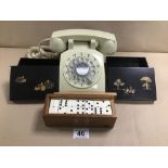 A MID CENTURY TELEPHONE, A SET OF DOMINOES IN CASE AND TWO ORIENTAL LIDDED BOXES