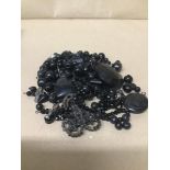 QUANTITY OF JET AND PLASTIC COSTUME JEWELLERY, INCLUDING CROSS PENDANT, BEADS AND MORE