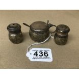 A THREE PIECE SILVER CONDIMENT SET FROM THE CORONATION YEAR 1935, COMPRISING MUSTARD POT WITH SPOON,