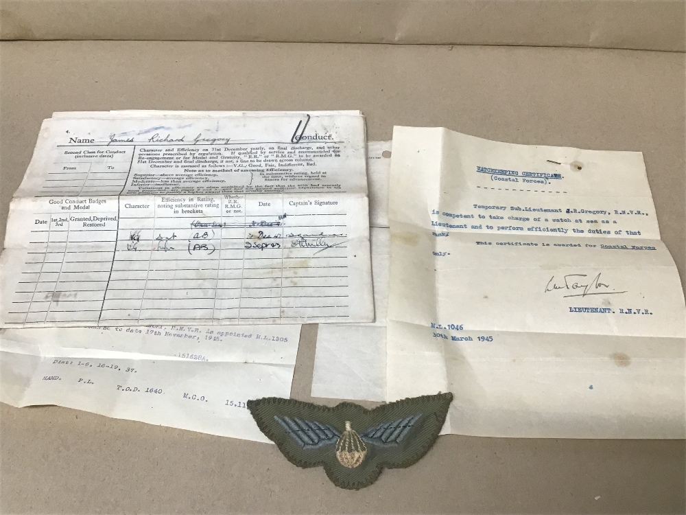 A COLLECTION OF BRITISH WWII EPHEMERA RELATING OT A SUB LIEUTENANT R GREGORY R.N.V.R, INCLUDING