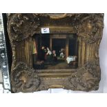 AN ORNATE GILDED FRAME WITH AN OIL ON BOARD PICTURE OF A DUTCH SCENE UNSIGNED 40 X 45CMS
