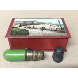 A 20TH CENTURY SEWING KIT IN BOX WITH SCENE TO TOP DEPICTING EASTBOURNE GRAND PARADE, INCLUDING A