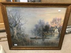A FRAMED AND GLAZED OVER PAINTING OF A LAKE SCENE 80 X 70CMS