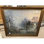 A FRAMED AND GLAZED OVER PAINTING OF A LAKE SCENE 80 X 70CMS