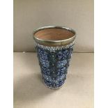 A LATE 19TH CENTURY DOULTON LAMBETH BEAKER WITH SILVER PLATE MOUNTED RIM, 13.5CM HIGH