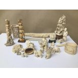 A BOX OF 19TH CENTURY IVORY AND BONE COLLECTABLES, INCLUDING CARVED ELEPHANTS, MONKEYS, CARVED