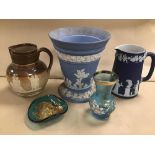 A 19TH CENTURY DOULTON LAMBETH 1837-1887 POURING JUG, RD NO 71203, TOGETHER WITH A LARGE BLUE AND