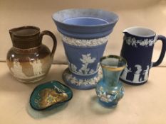 A 19TH CENTURY DOULTON LAMBETH 1837-1887 POURING JUG, RD NO 71203, TOGETHER WITH A LARGE BLUE AND