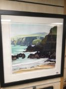 JILL RAY, A MODERN PRINT TITLED "UNDER THE CLIFF" FRAMED AND GLAZED, 55CM DIAMETER