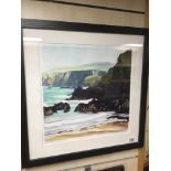 JILL RAY, A MODERN PRINT TITLED "UNDER THE CLIFF" FRAMED AND GLAZED, 55CM DIAMETER