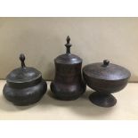 THREE MIDDLE EASTERN BRASS POTS WITH BLACK ENAMEL DECORATION