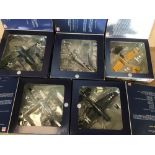 FIVE HOBBYMASTER DIE CAST SCALE MODEL AEROPLANES, INCLUDING HARVARD KF-183, F2A "BUFFALO" AND