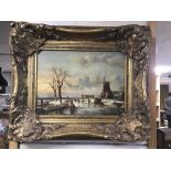 H WAUTERS, OIL ON PANEL, DUTCH WINTER SCENE WITH FIGURES AND WINDMILL, SIGNED, 28CM BY 30CM