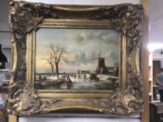 H WAUTERS, OIL ON PANEL, DUTCH WINTER SCENE WITH FIGURES AND WINDMILL, SIGNED, 28CM BY 30CM