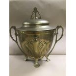 A LARGE ORNATE ART DECO BRASS WINE COOLER/ICE BUCKET, TWO HANDLED WITH LID, 40CM HIGH