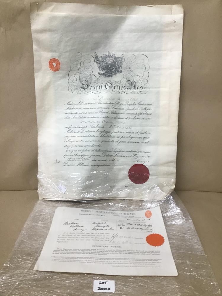 A COLLECTION OF VICTORIAN DOCUMENTS, INCLUDING MEDICAL REGISTRATION CERTIFICATE DATED DECEMBER