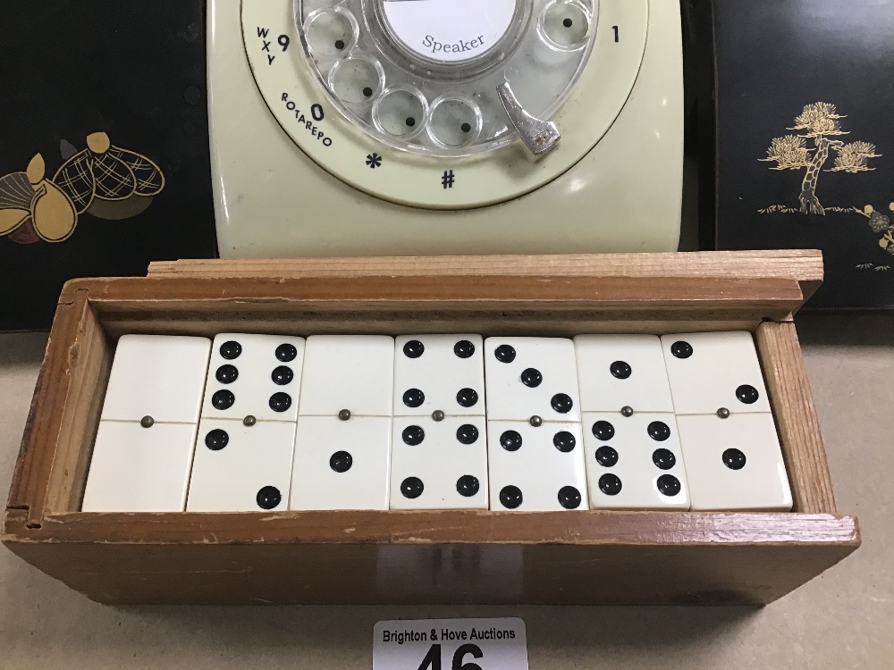 A MID CENTURY TELEPHONE, A SET OF DOMINOES IN CASE AND TWO ORIENTAL LIDDED BOXES - Image 2 of 4