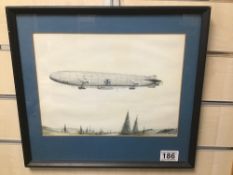 A WATERCOLOUR OF A GERMAN MILITARY ZEPPELIN, SIGNED STO, FRAMED AND GLAZED
