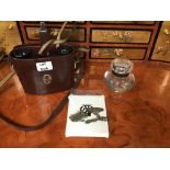 MIXED ITEMS INCLUDING CARL ZIESS BINOCULARS WITH A GLASS INKWELL AND AA BADGE