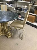 A GREEN MARBLE TABLE WITH AN ORNATE RESIN BASE AND FOUR METAL FRAMED CHAIRS, DIAMETER 118CMS